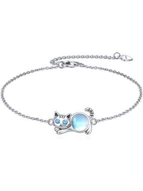 925 Sterling Silver Cat Moonstone Bracelet - Cute Kitten Jewelry, Adjustable